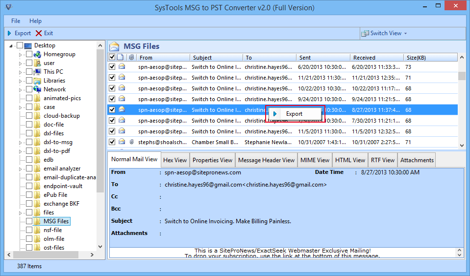 Export MSG to PST screenshot